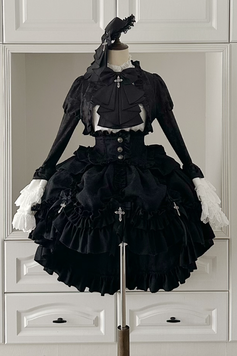 [pre-order Deadline: March 31] Cross Nocturne Gothic Dark Stripe Layered Top + Cross Rose Stripe Pull Up Skirt