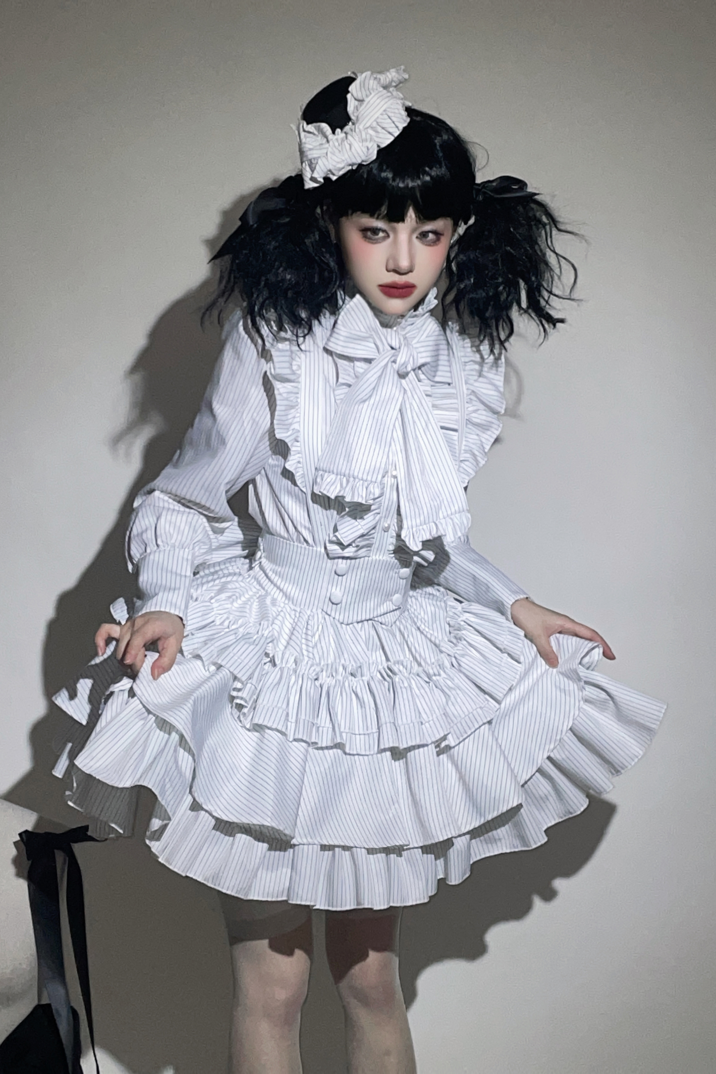 Striped Gothic Lolita Shirt + Tiered Skirt