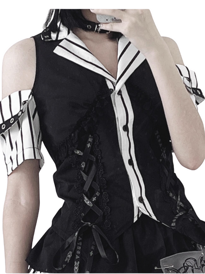 Code Rabbit Original Off Shoulder Striped Shirt + Asymmetric Striped Tiered Skirt + Cross Necktie
