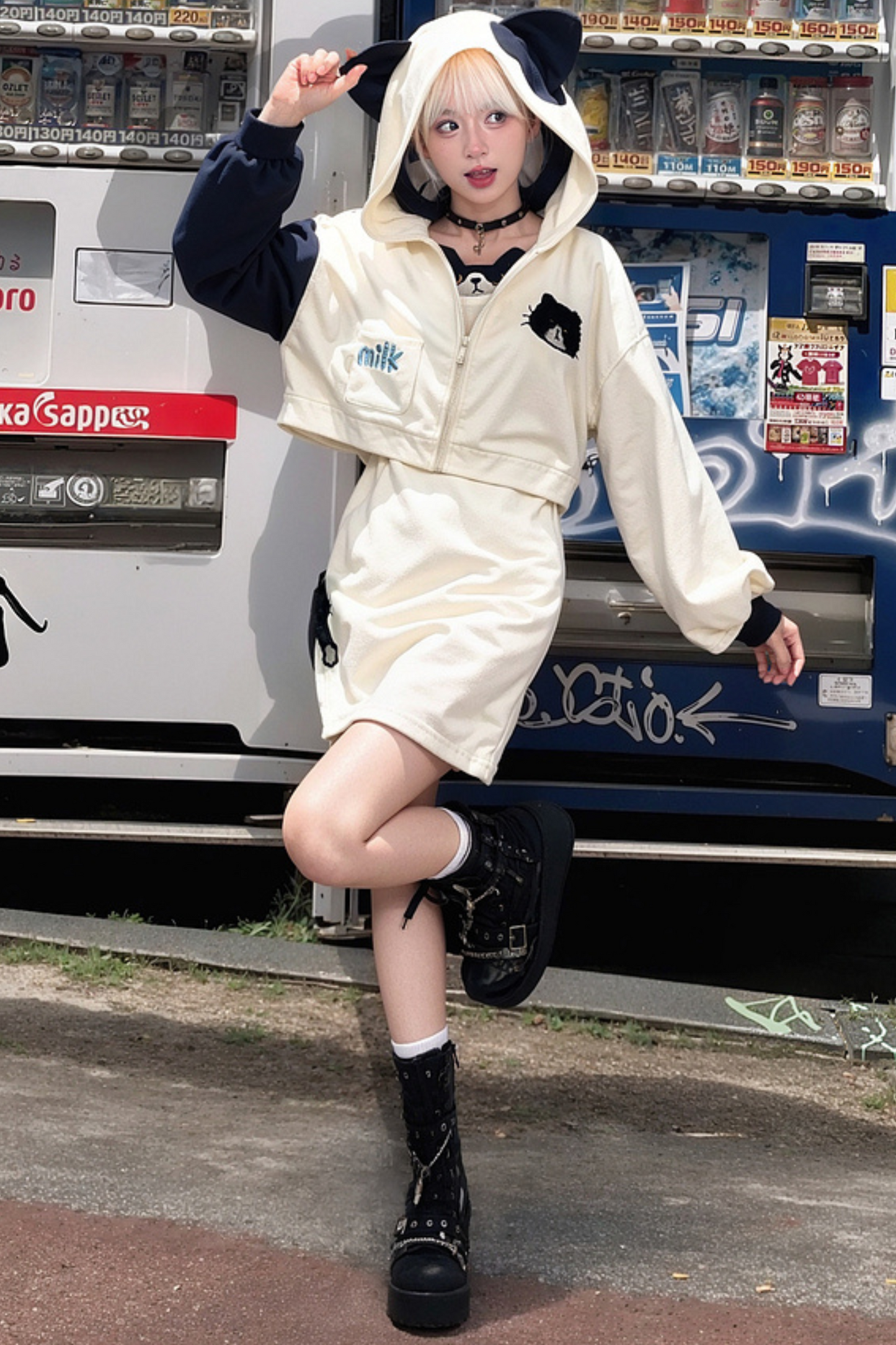 Cat Ear Hooded Short Parka + Camisole + Skirt