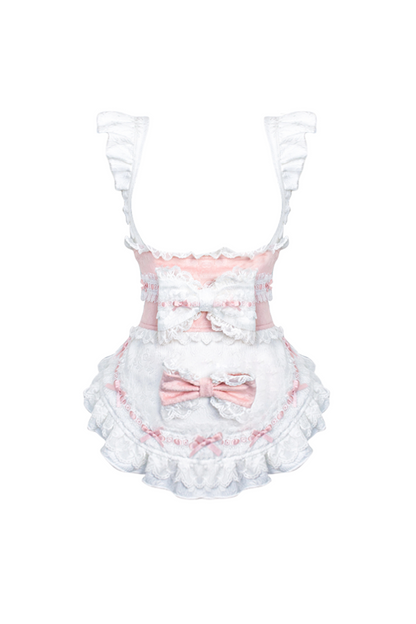Cherry Blossom Japanese Style Top + Ribbon Girdle Apron + Pink Lace Tiered Skirt