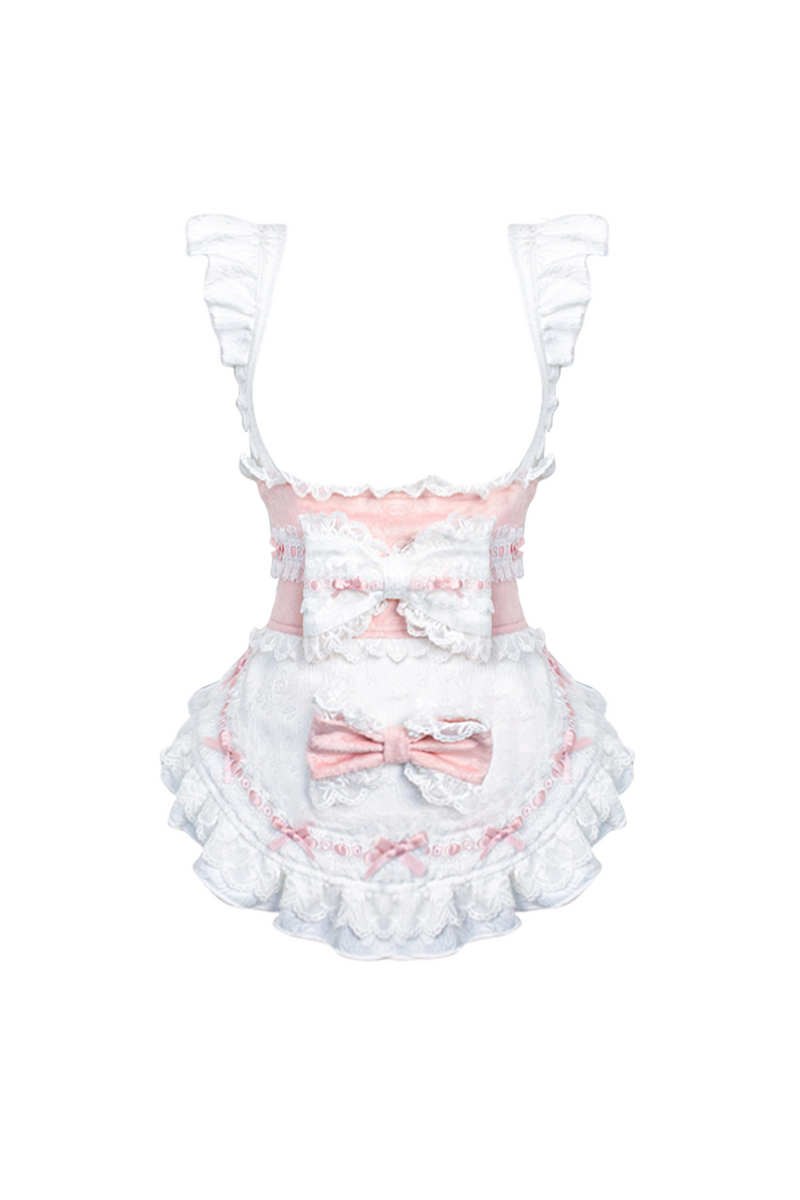 Cherry Blossom Japanese Style Top + Ribbon Girdle Apron + Pink Lace Tiered Skirt