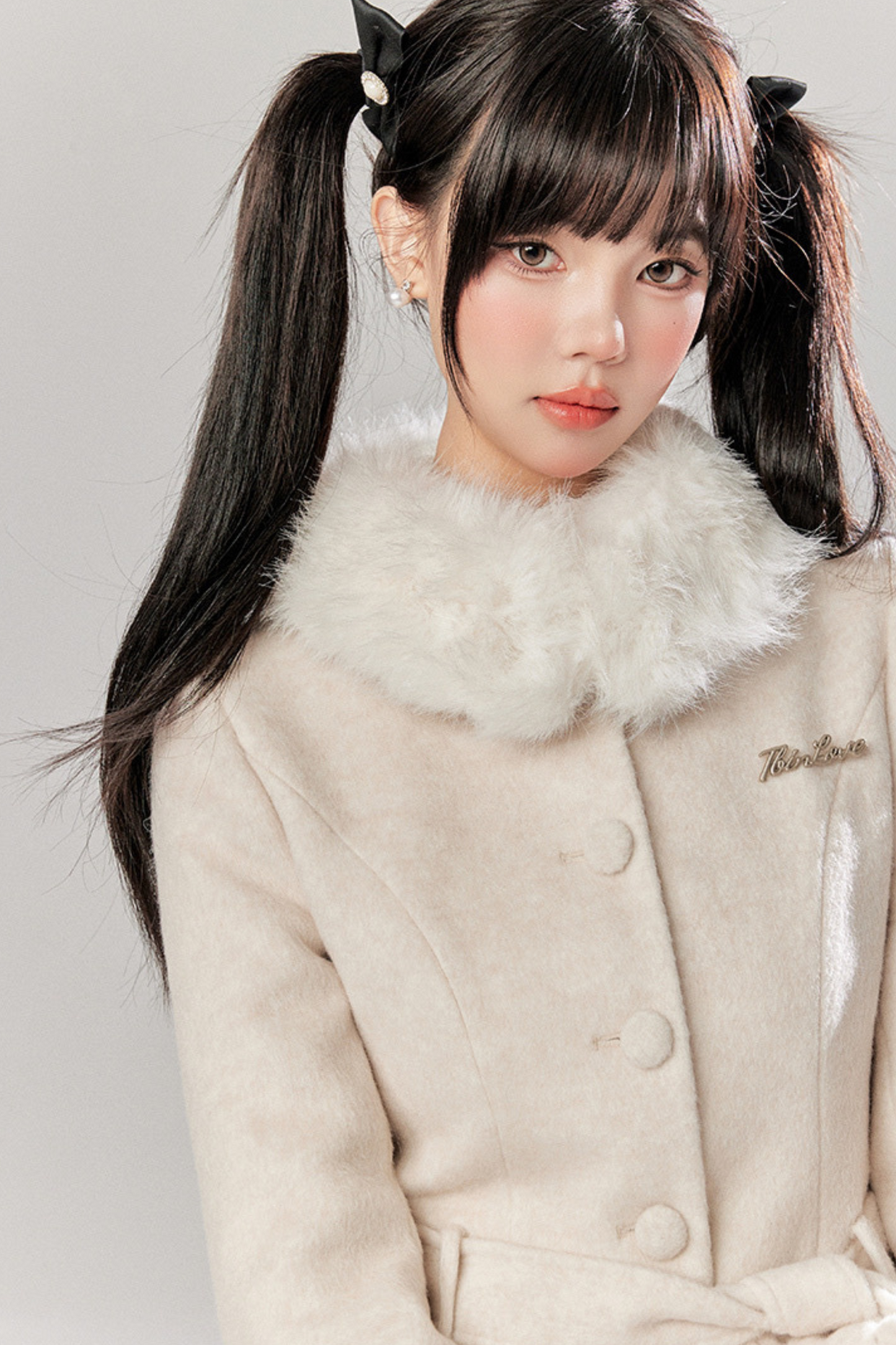 Sweet Girly Fur Waist Ribbon Coat + Fur Tight Skirt