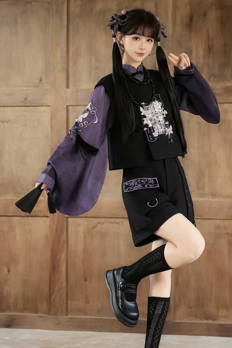 Dark Chinese-style Top + Vest + Shorts + Necklace