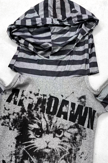 Striped Cat Patchwork Hooded Top