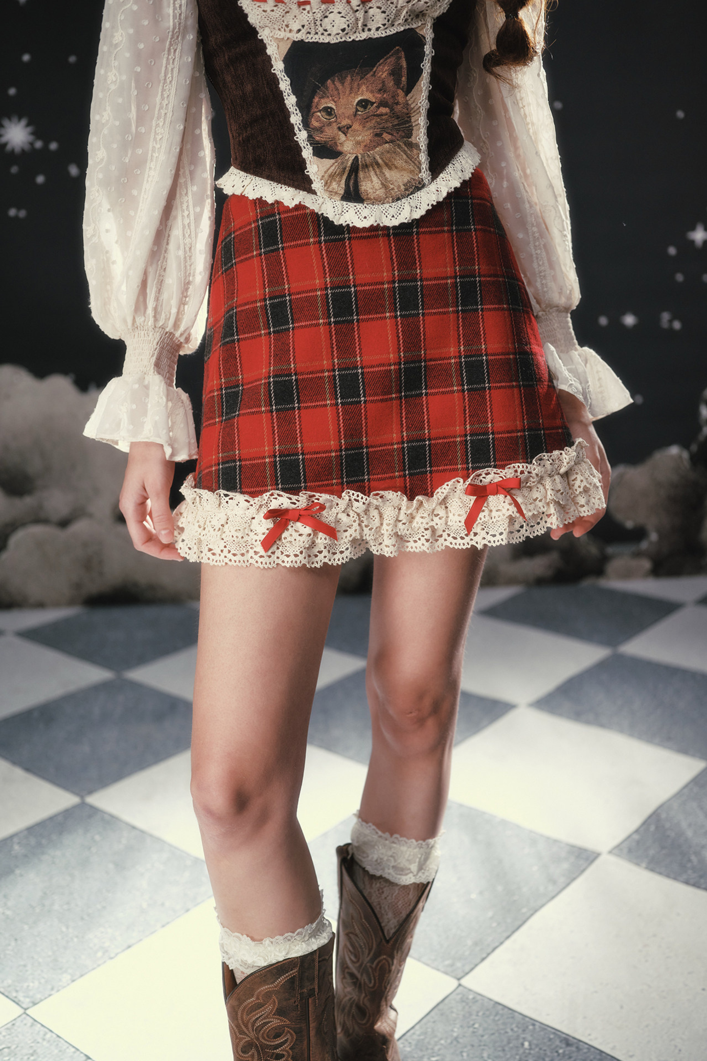 Lace Maid Plaid Corset Top + Crochet Cardigan + Plaid Skirt