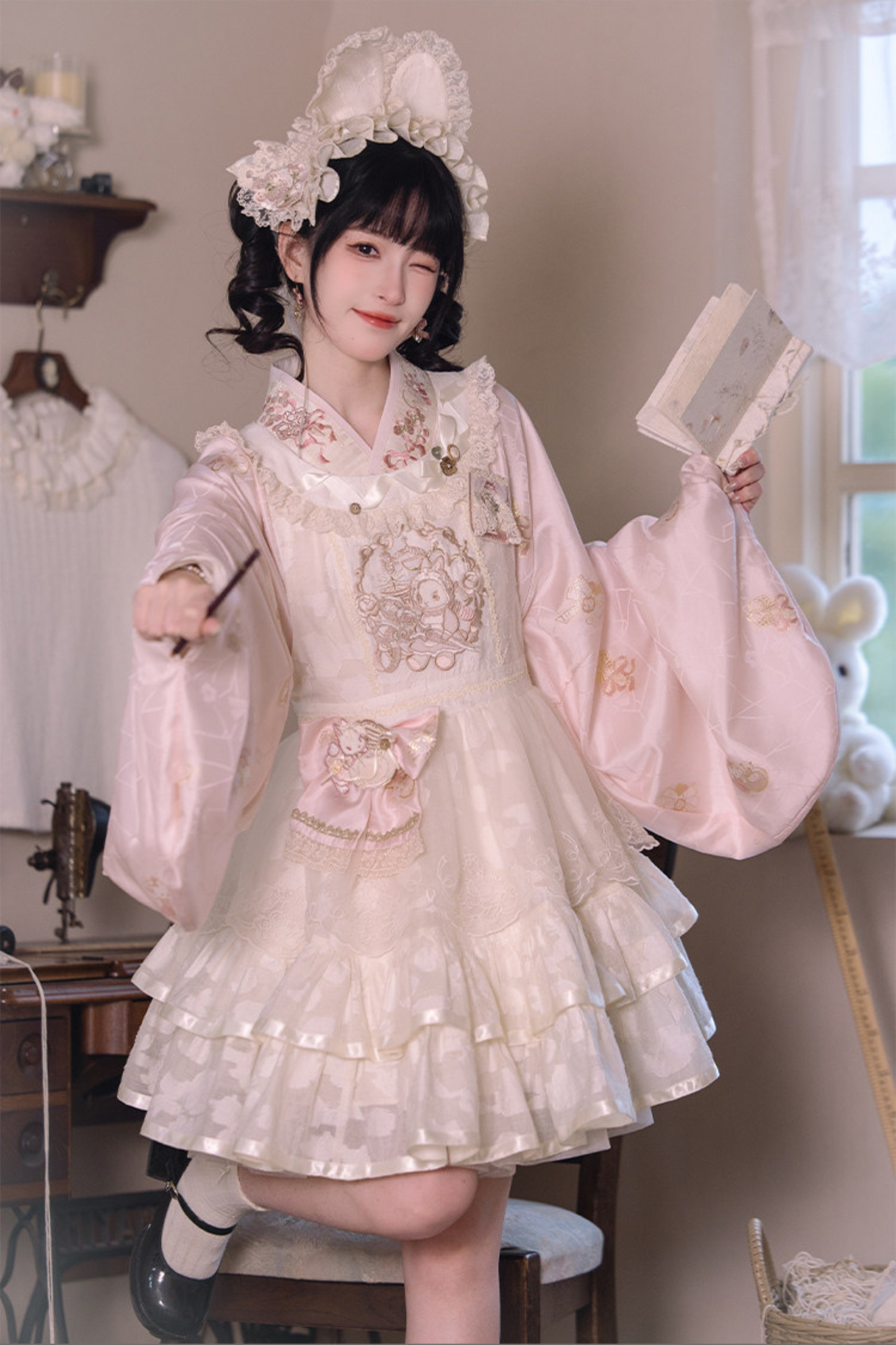 Chinese-style Pastel Top + Apron + Bow + Necklace + Brooch + Hair Accessories