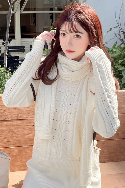 Wool Twist Knit + Knit Flare Wide Pants + Knit Muffler