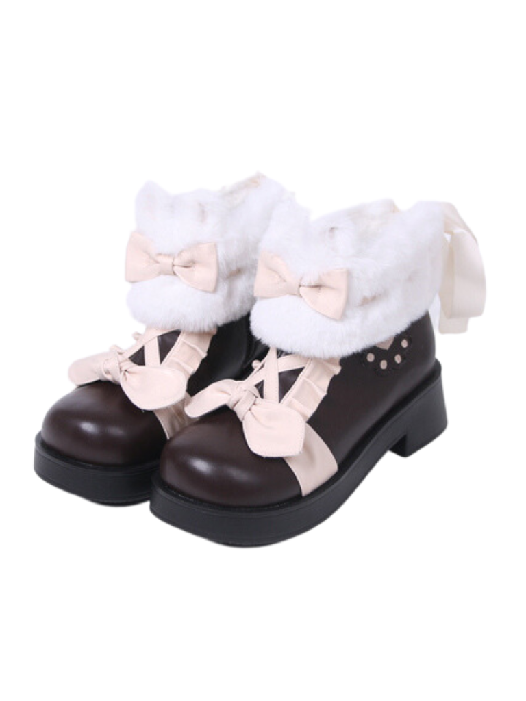 Snow Lolita Mid-heel Color Block Ribbon Sweet Velvet Short Boots
