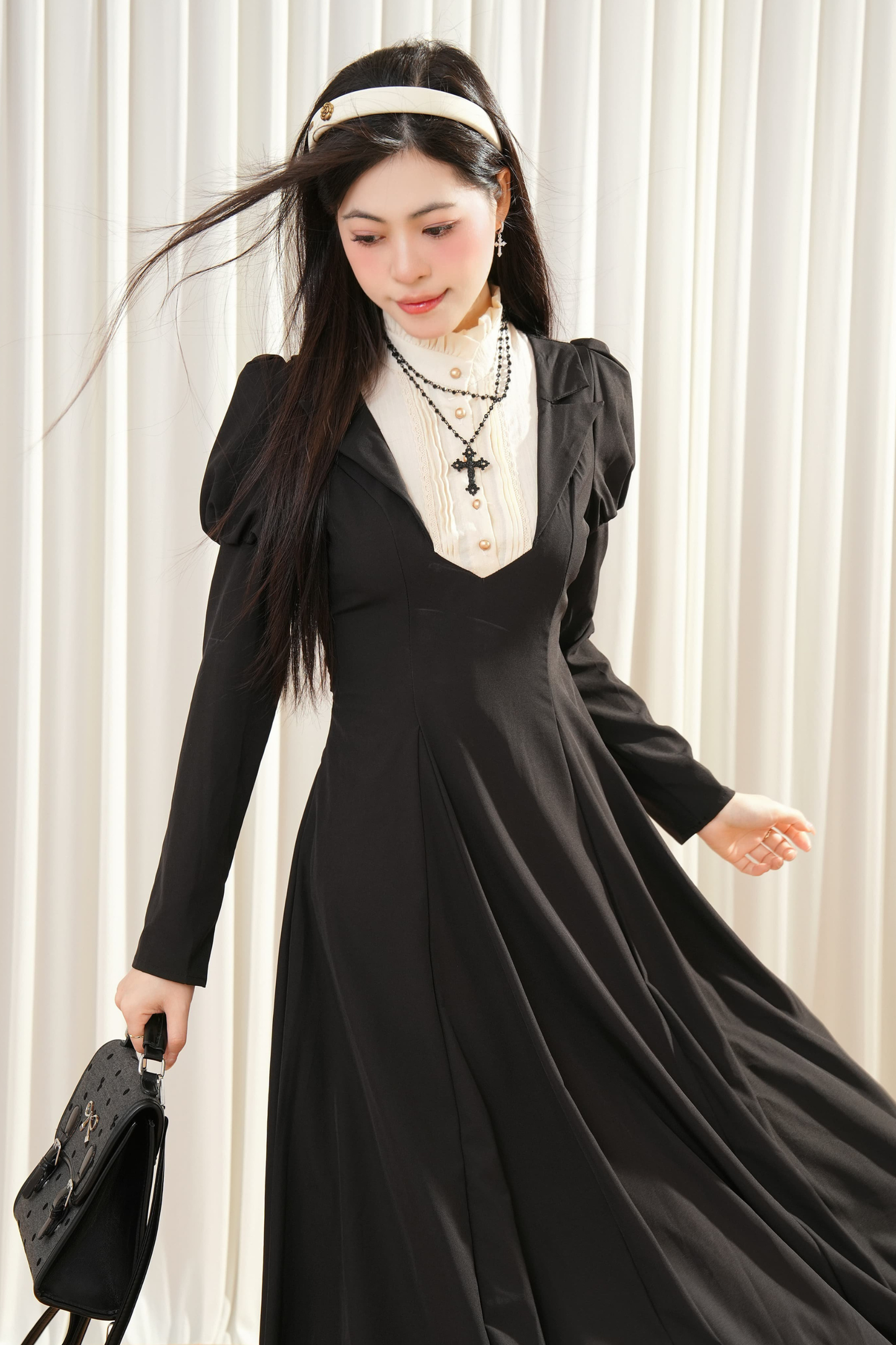 Dark Maid Puff Sleeve Long Dress