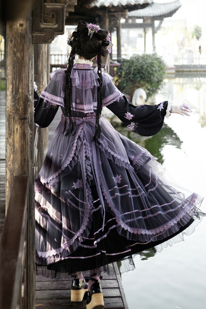 Dark Chinese-style Cross Collar Dress + Overdress + Skirt