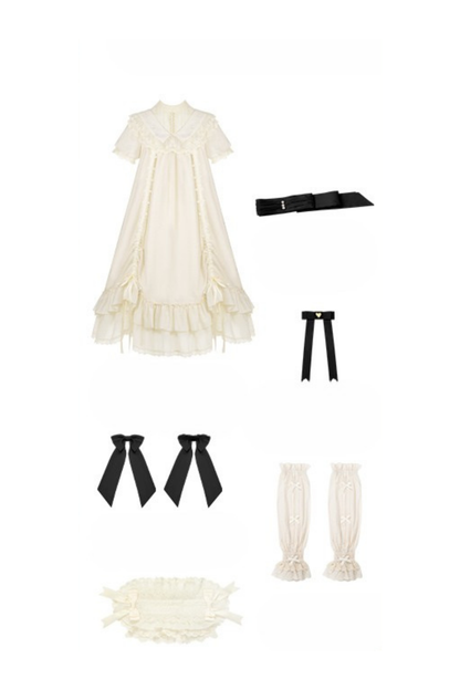 [pre-order] Rose Ruffle Lolita Dress + Dress + Belt + Brooch + Ribbon + Headband + Sleeve