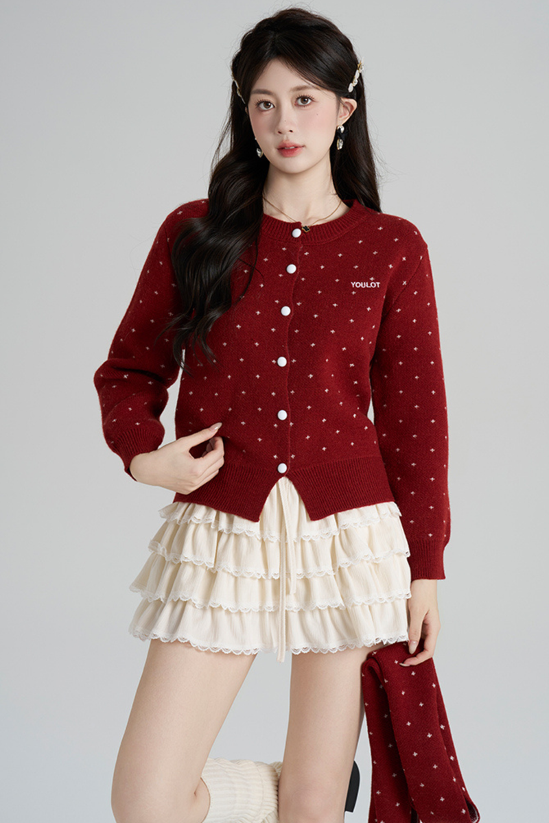 French Style Dotted Cardigan With Scarf