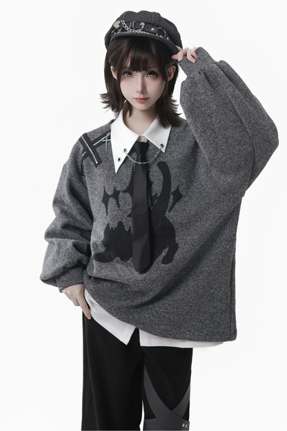 Gray Winter Preppy College Long Top + Short Top + Skirt + Pants + Shirt