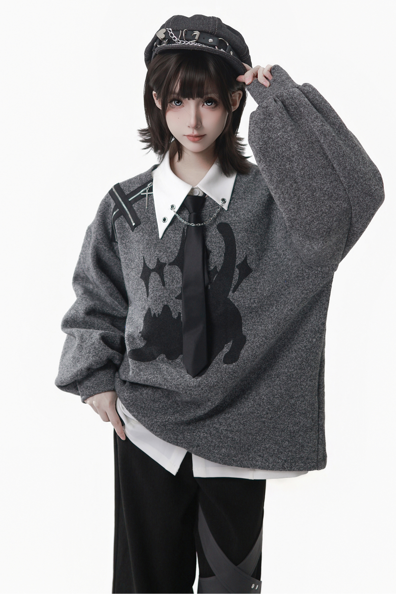 Gray Winter Preppy College Long Top + Short Top + Skirt + Pants + Shirt