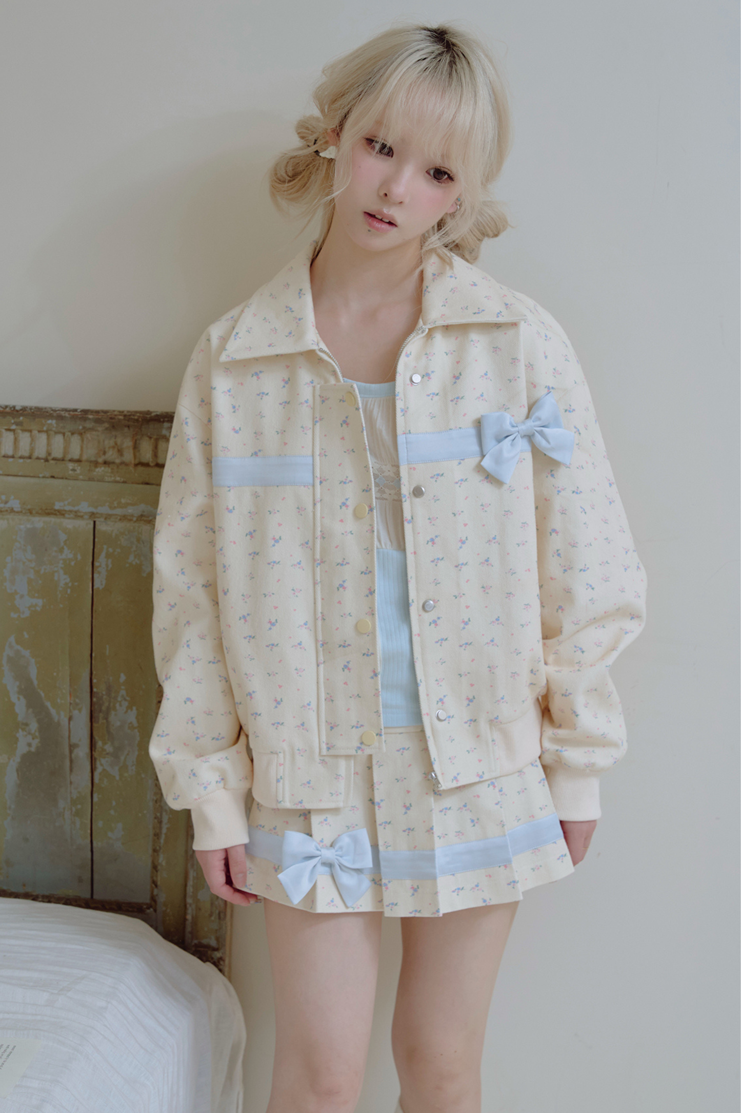 Flower Ribbon Jacket + Pleated Skirt