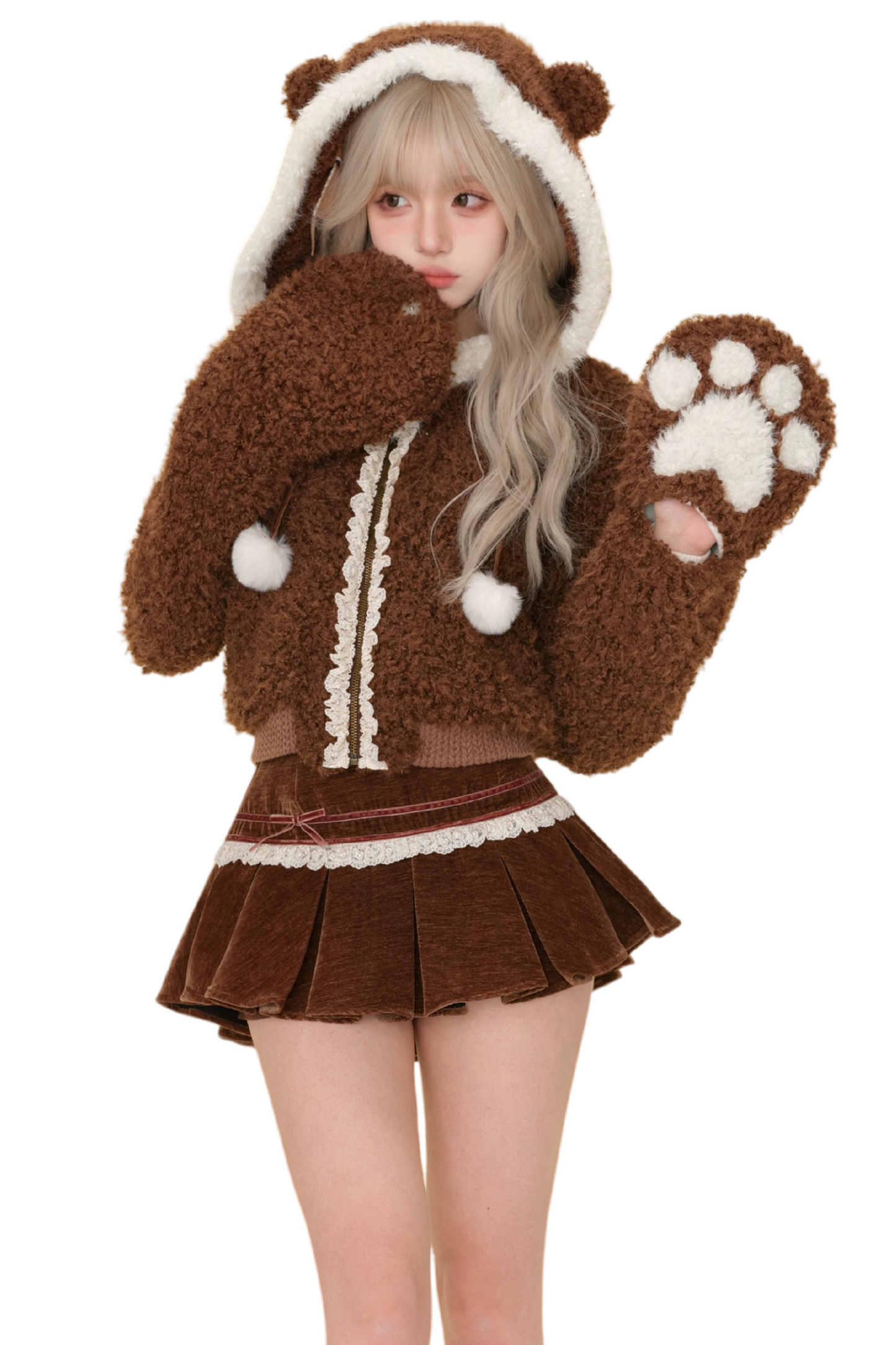 Bear Knit Cardigan + Bear Jacket + Velvet Skirt + Shirt