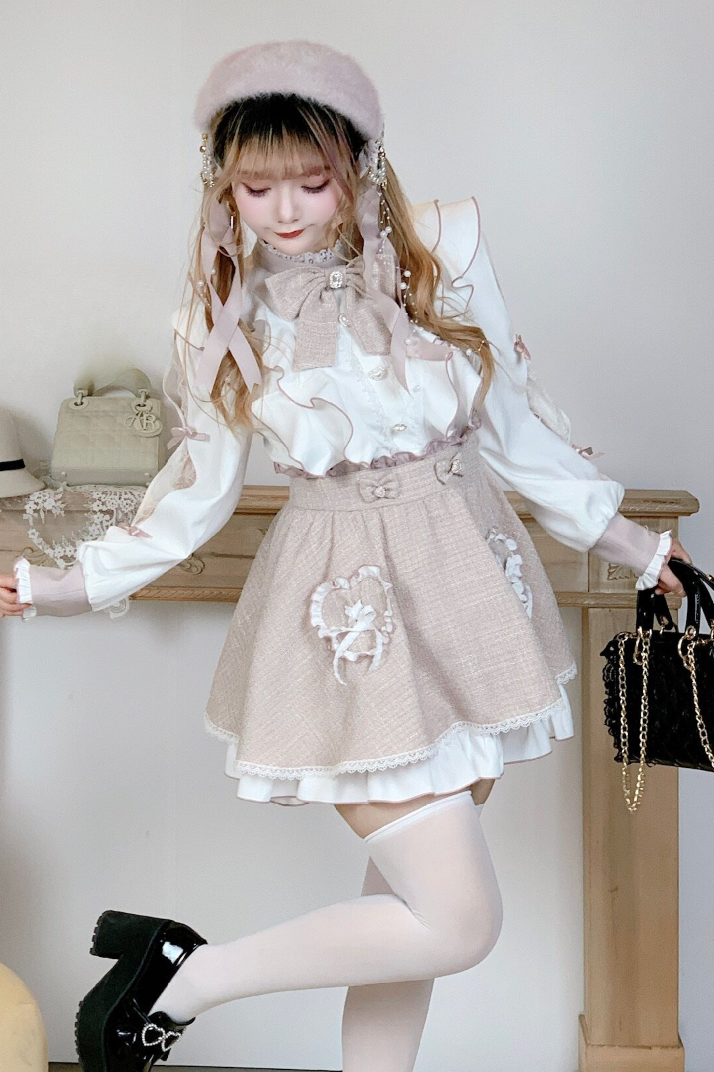 Lace Shoulder Ribbon Blouse + Skirt