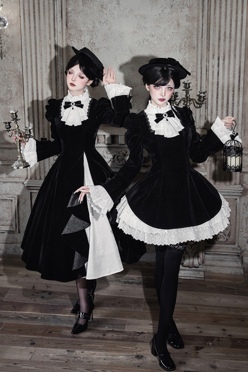 Slim Contrast Color Twin Dress + Collar + Bow + Brooch + Hat