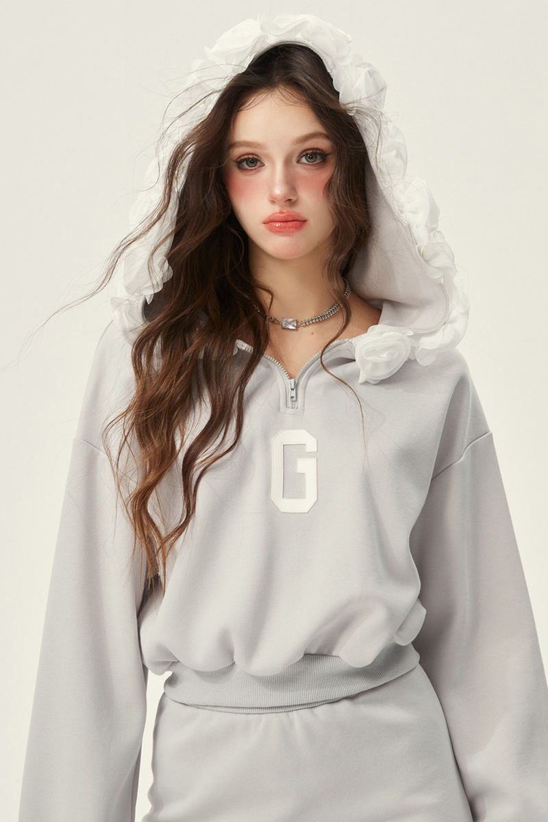 Gray Hooded Top + Ruffle Tight Skirt