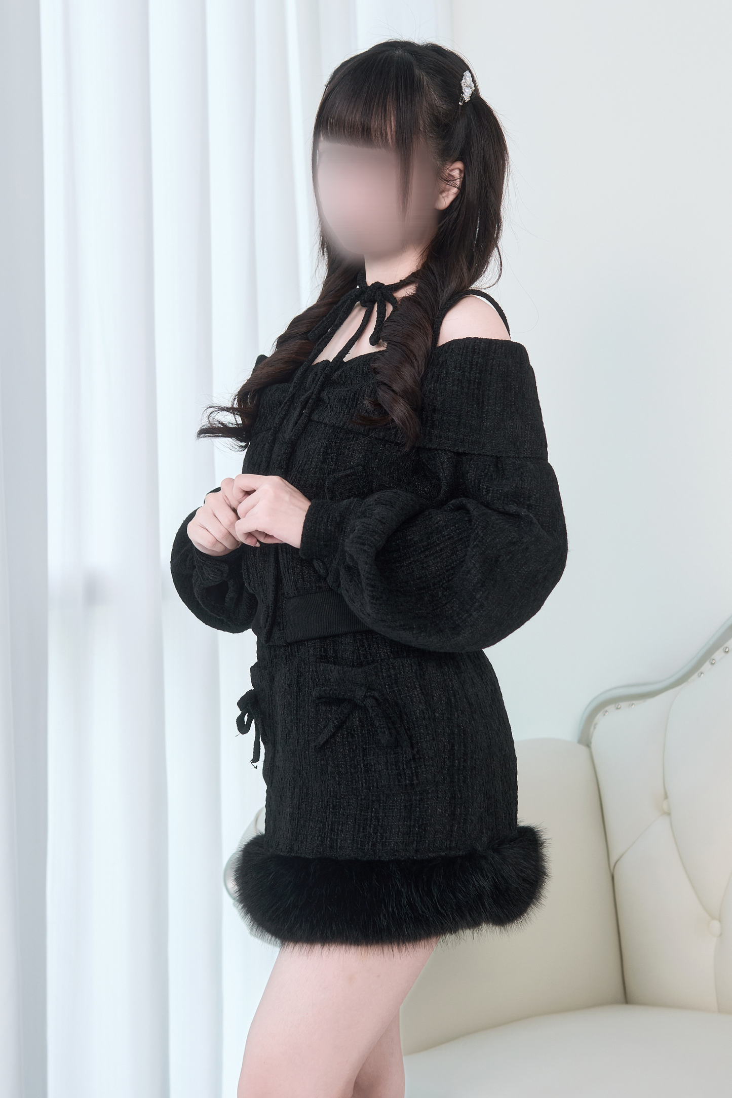 Off-the-shoulder Ribbon Top + Fur Skirt