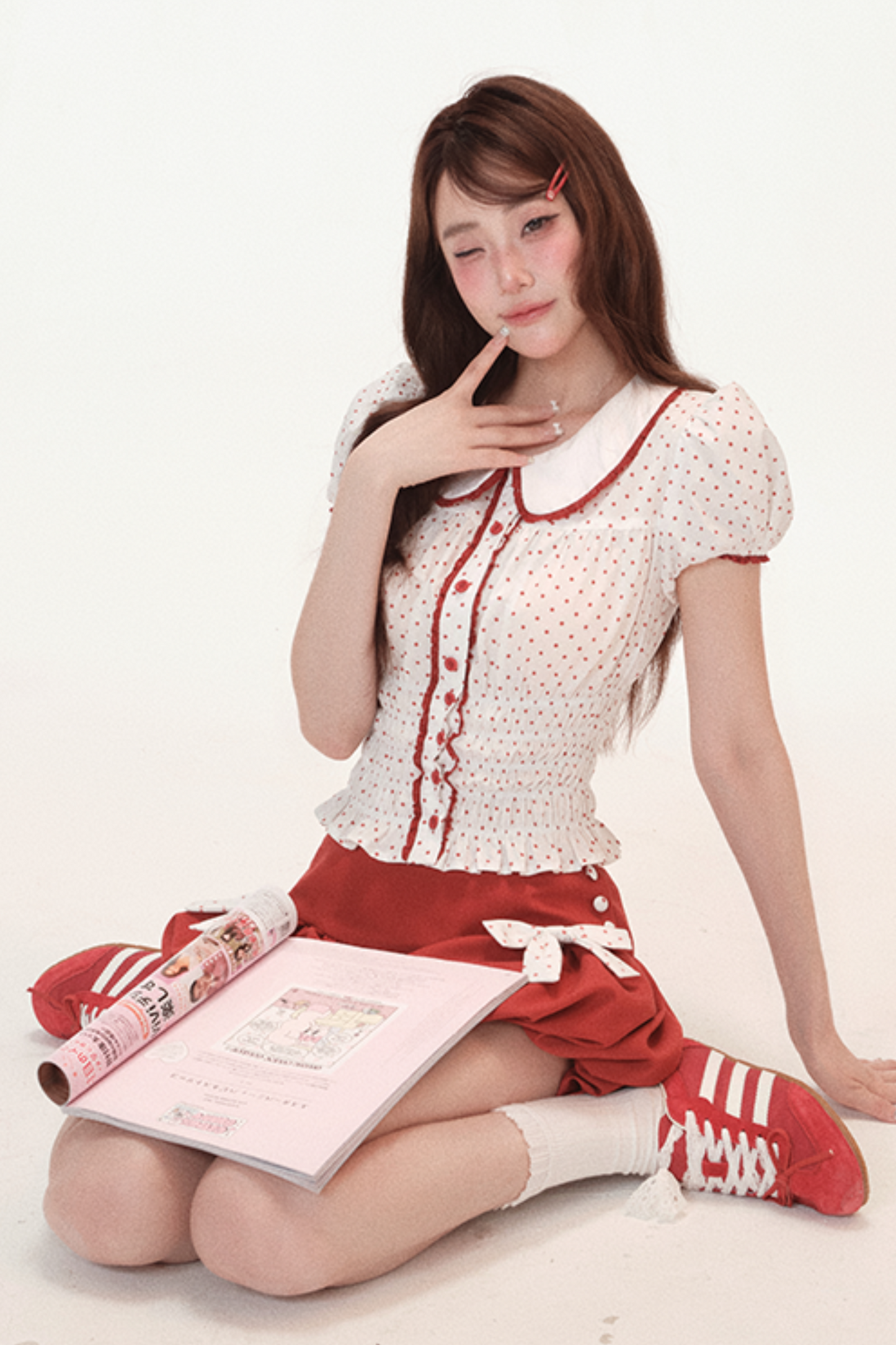 Polka Dot Puff Sleeve Doll Shirt + Ribbon Balloon Skirt Pants