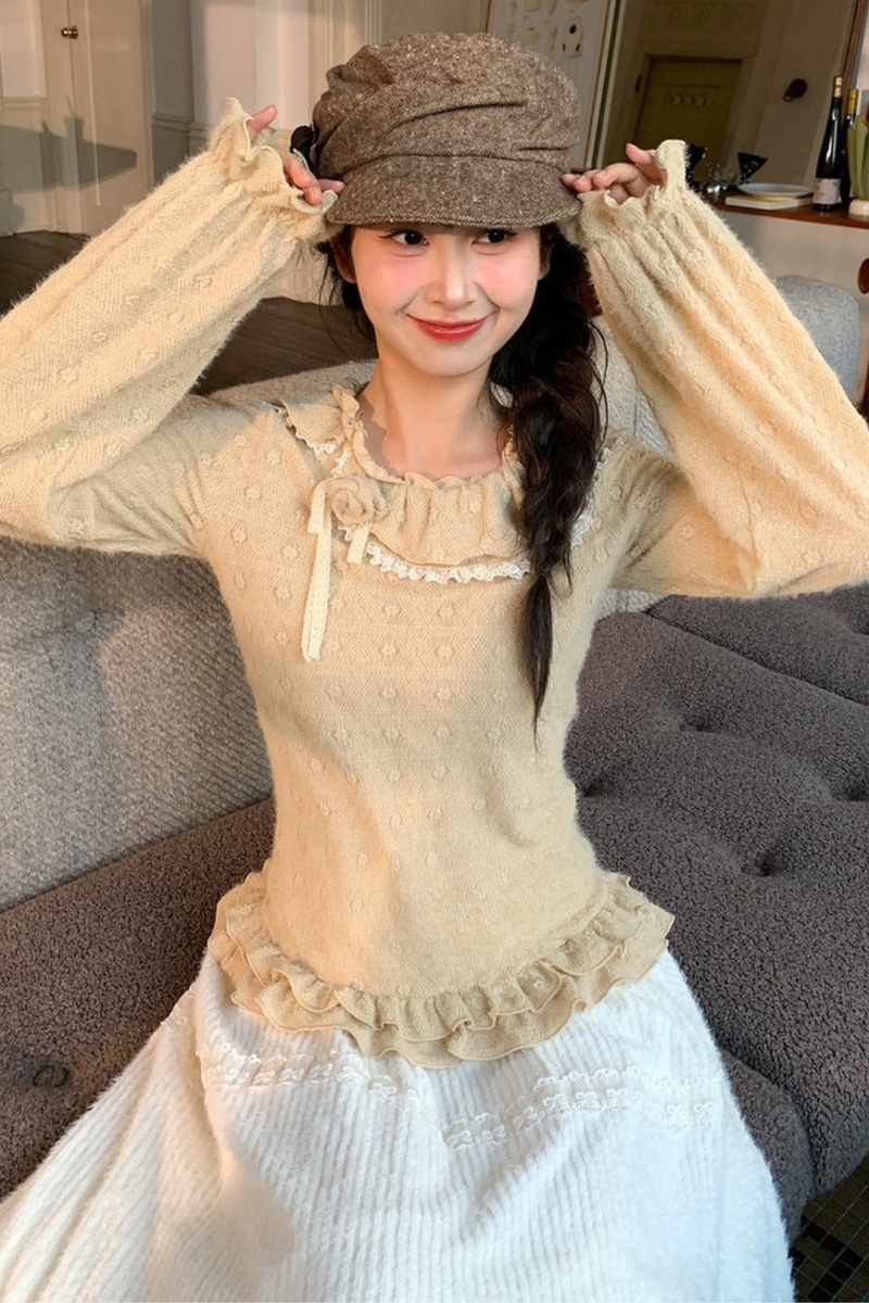 Lace Collar Long Sleeve Top