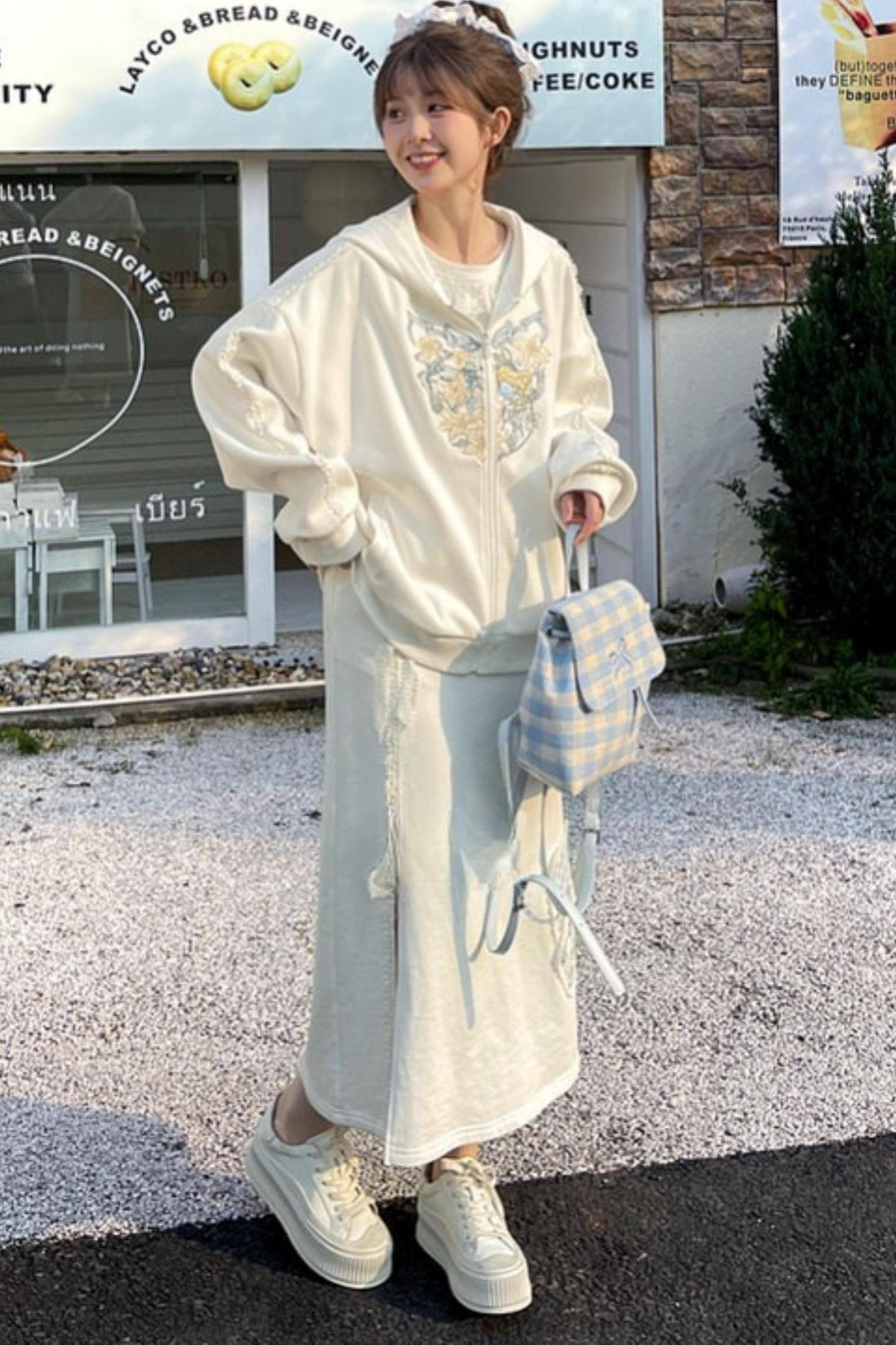 Splicing Hooded Parka + Long Skirt + Wide Pants