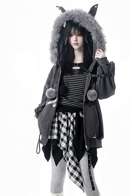Fur Ball Fur Hooded Jacket + Top + Skirt