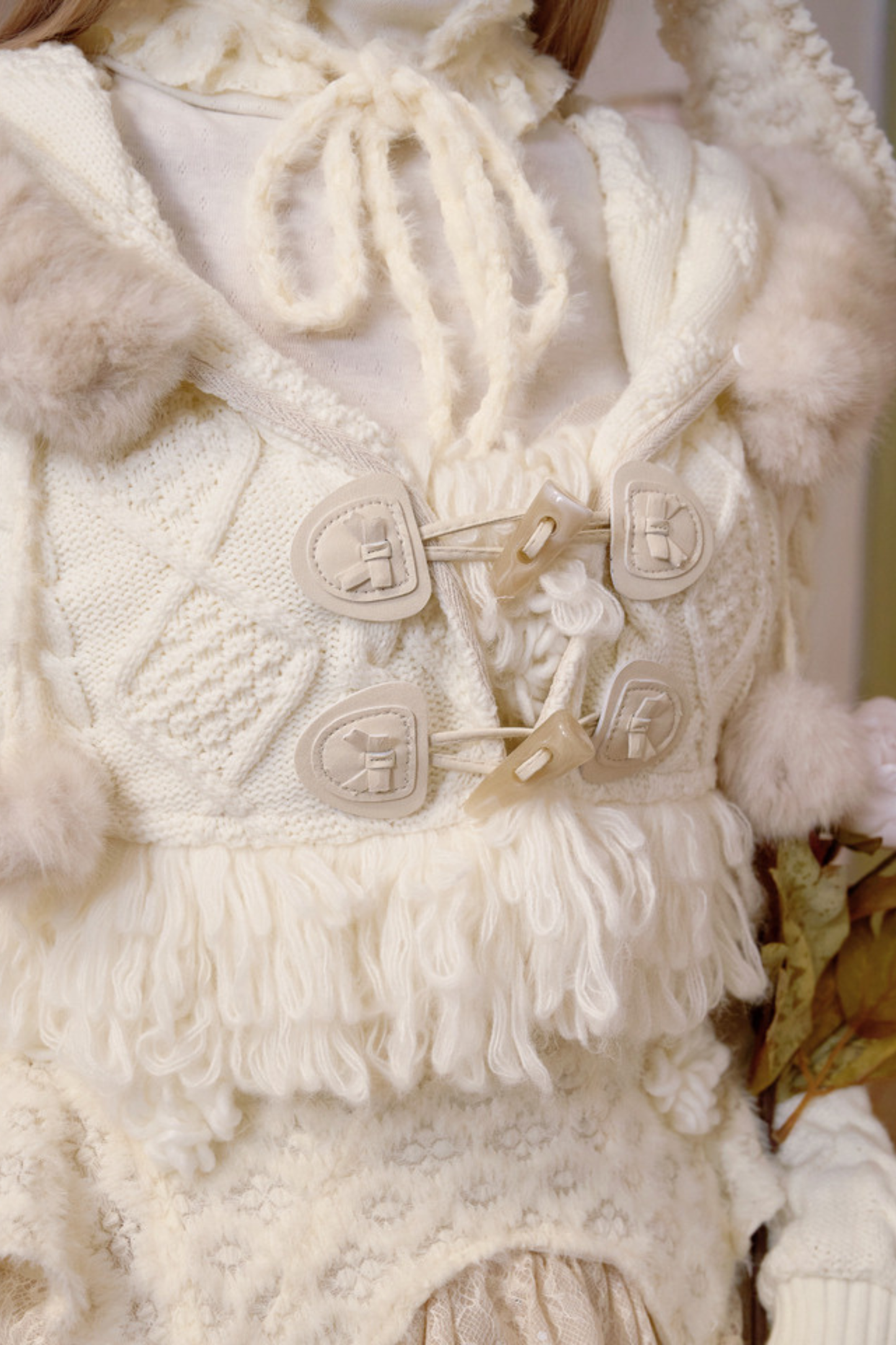 Fur Hooded Cable Knit Cardigan + Fur Hat