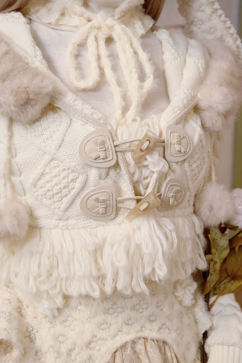 Fur Hooded Cable Knit Cardigan + Fur Hat
