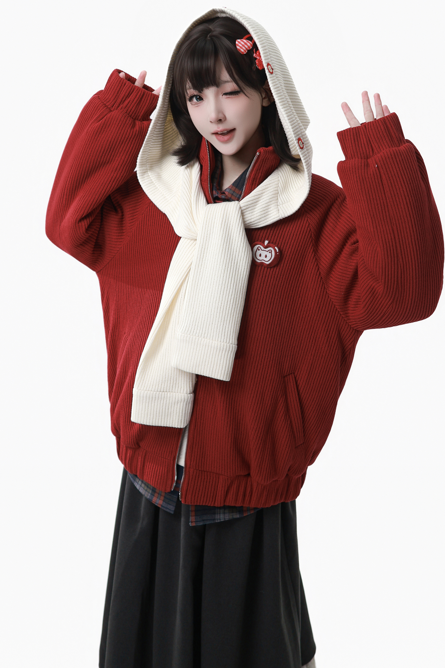 Apple Black Tea Fleece Coat + Hoodie + Long Skirt + Short Skirt + Hood Scarf
