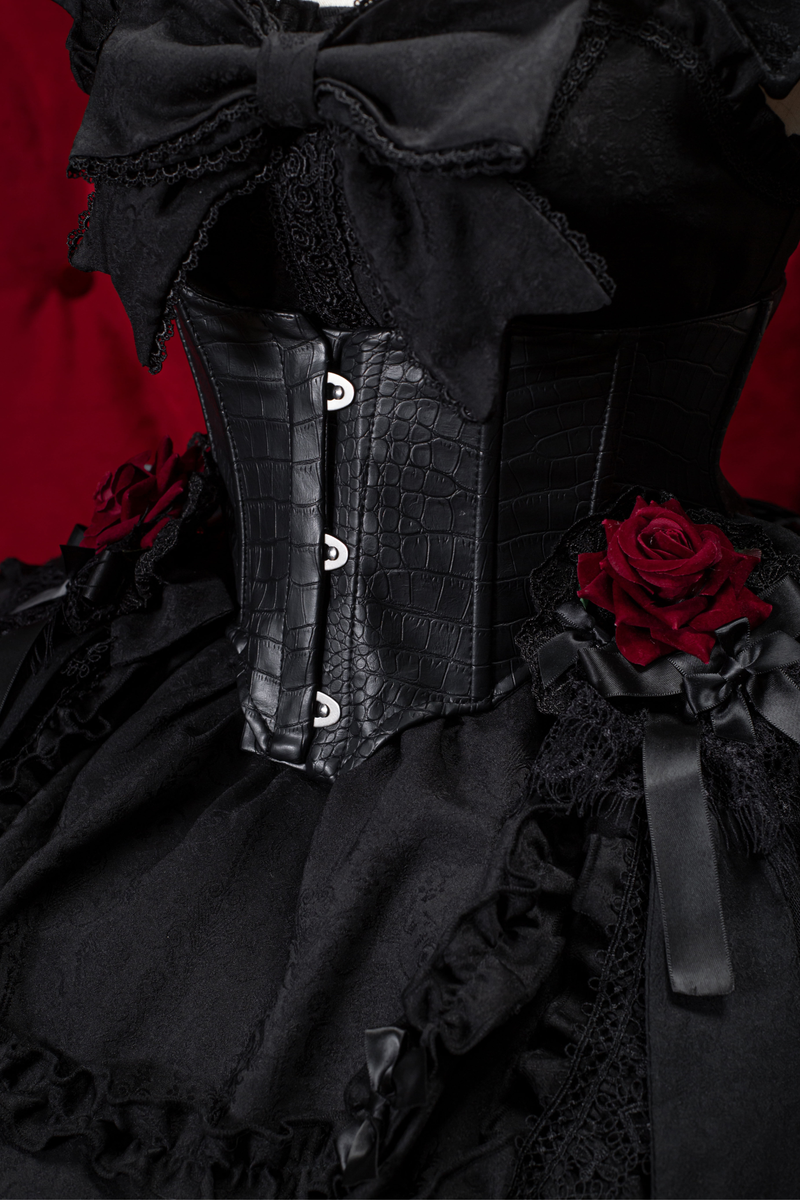 Dark Gothic Ruffle Lolita Dress + Waist Belt + Train + Hairband