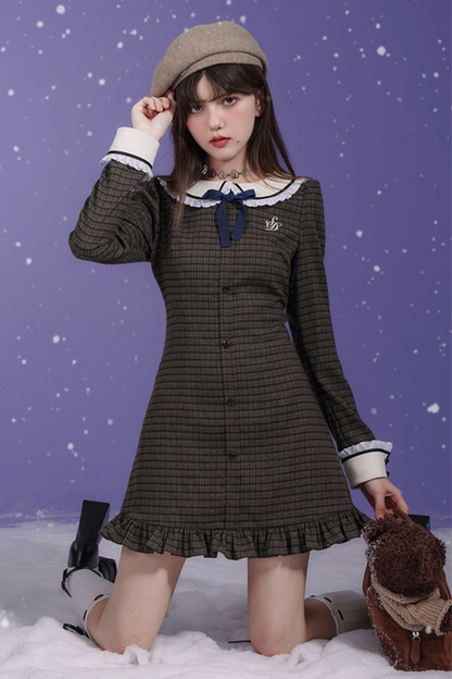 College Style Brown Plaid Doll Collar Dress + Bare Short Sweater