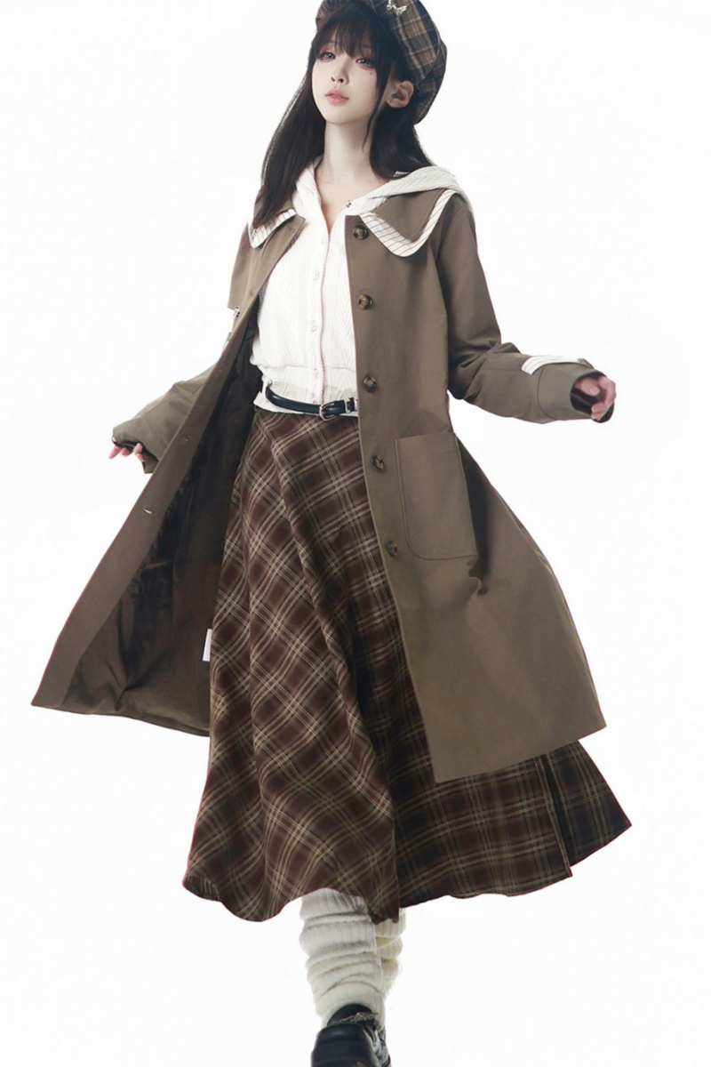 Maple Trench Coat + Hooded Top + Checkered Skirt + Shirt Dress