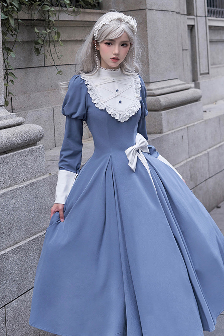 Blue Nun Style Stand Collar Long Sleeves Ruffle Bowknot Classic Lolita Dress