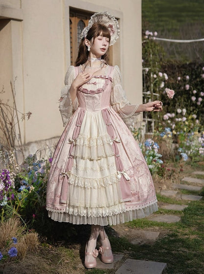[pre-order Deadline: April 26] Rococo Antique Lace Tiered Ribbon Pink Lolita Dress + Bonnet