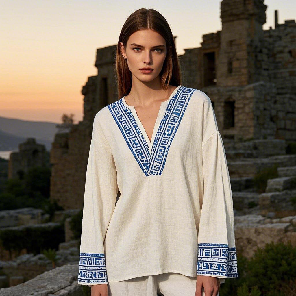 Women's Greek Geometric Art  V-neck Linen Blend Blouse elevenforest