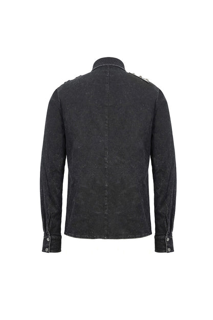 Black Asymmetric Left Shoulder Loop Mesh Rivet Snap Button Punk Shirt