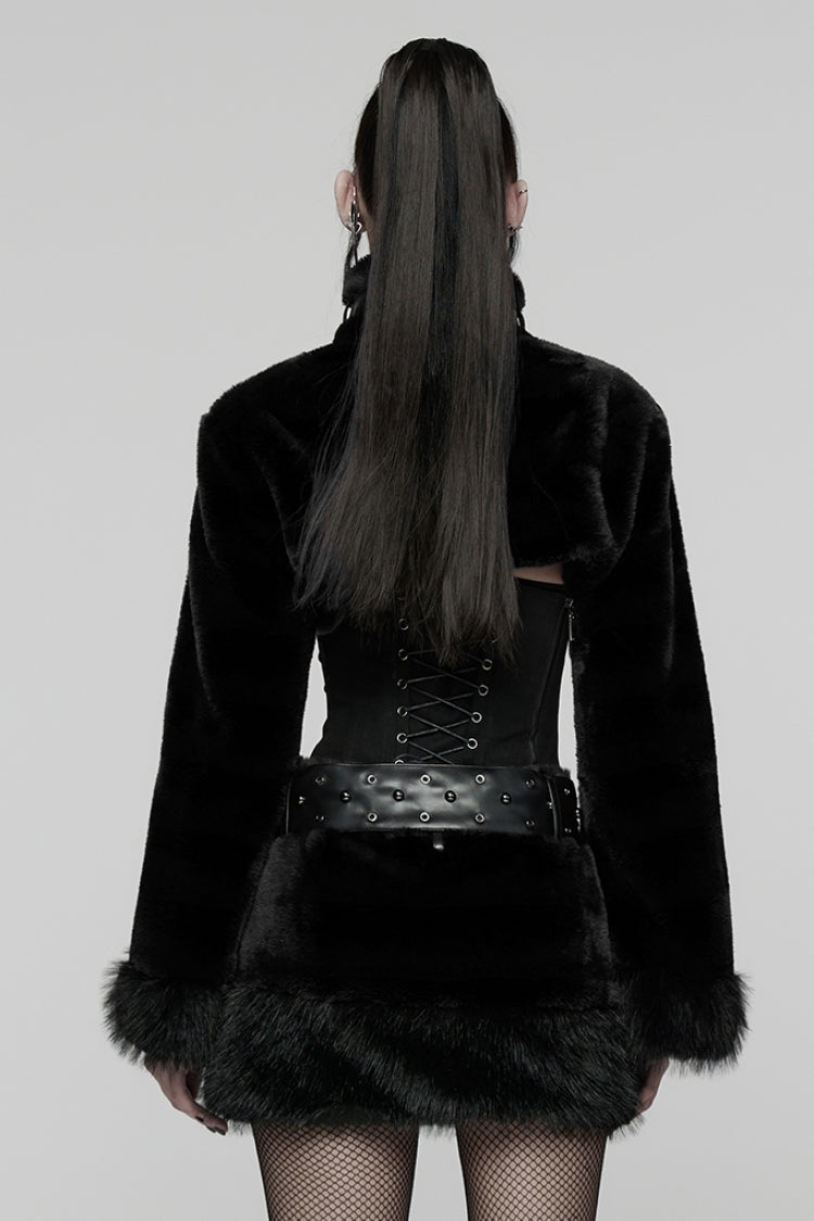 Black Stand Collar Long Sleeves Buckle Straps Faux Fur Punk Short Cloak