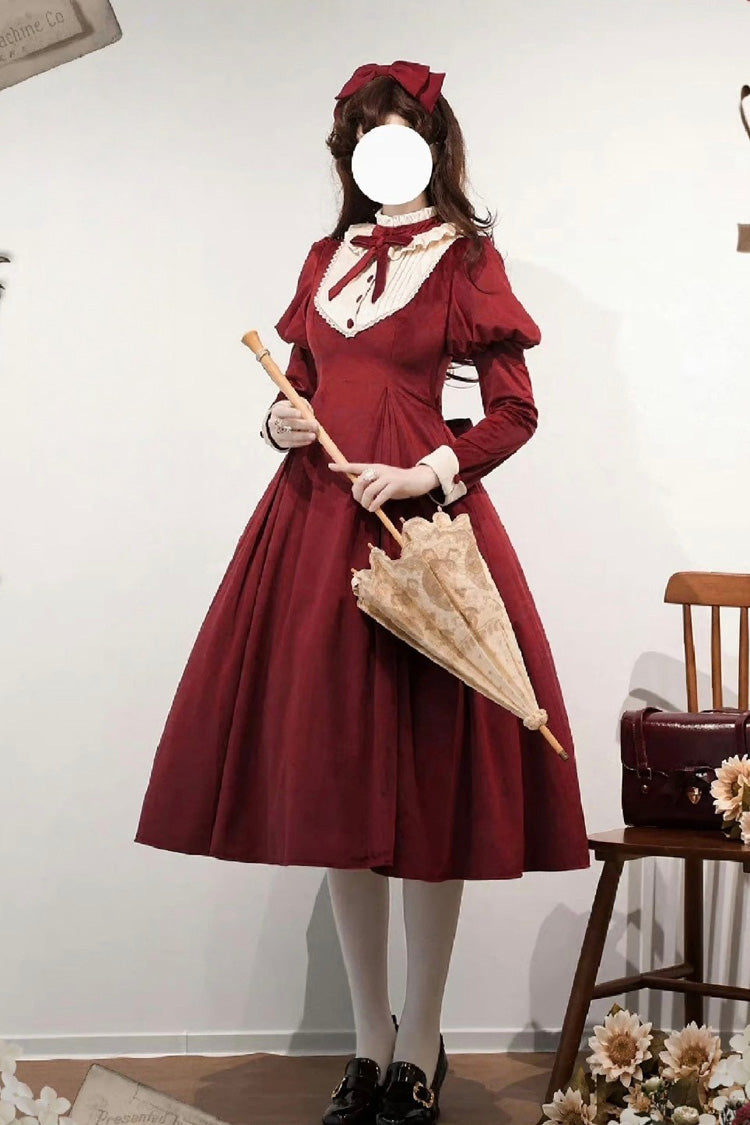 Wine Red [new Year] Stand Collar Long Sleeves Ruffled Bow Classic Lolita Dress