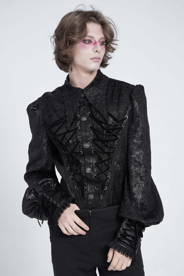 Black Long Puff Sleeves Jacquard Lace Gothic Blouse