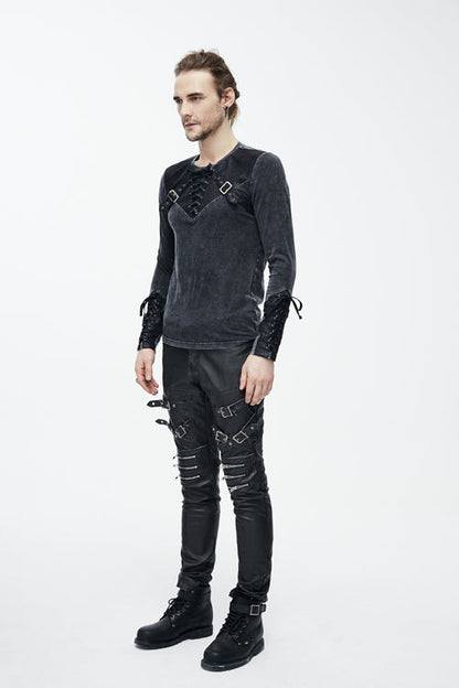 Black Faded Long Sleeves Lace Up Punk T-shirt