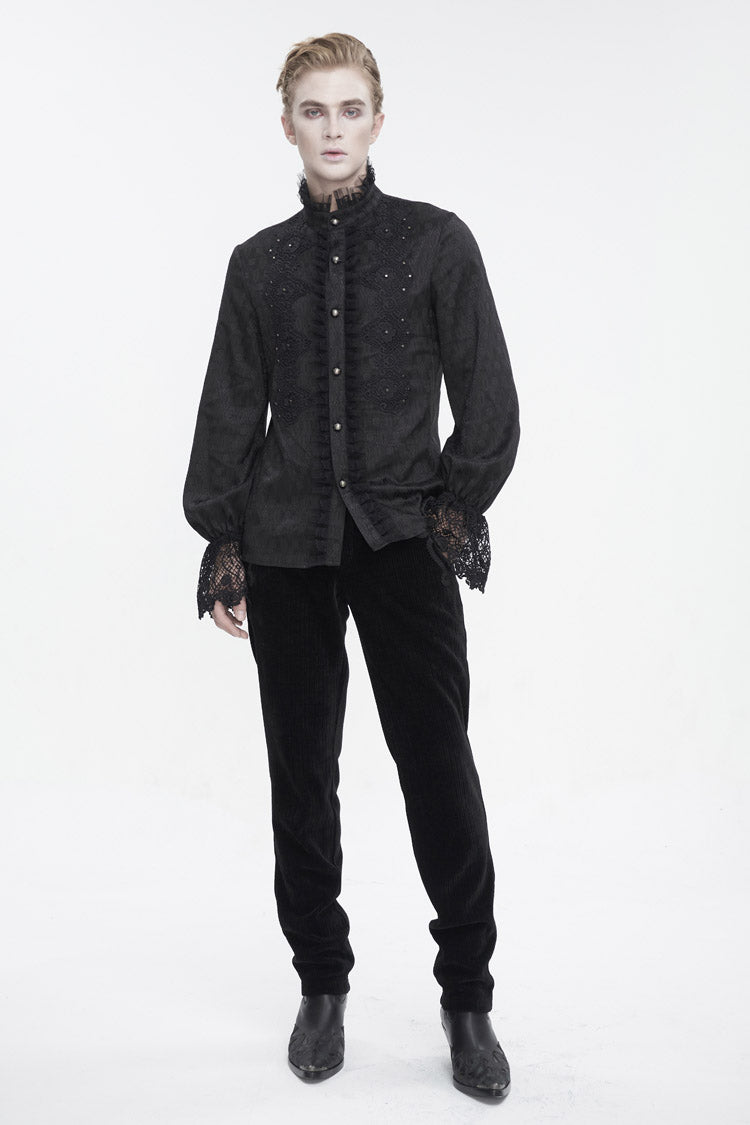 Black Stand Collar Puff Sleeved Lace Splice Gothic Shirt