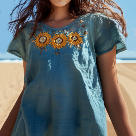 Vintage Sunflower Embroidered Art Cotton Linen Comfy Shirt elevenforest