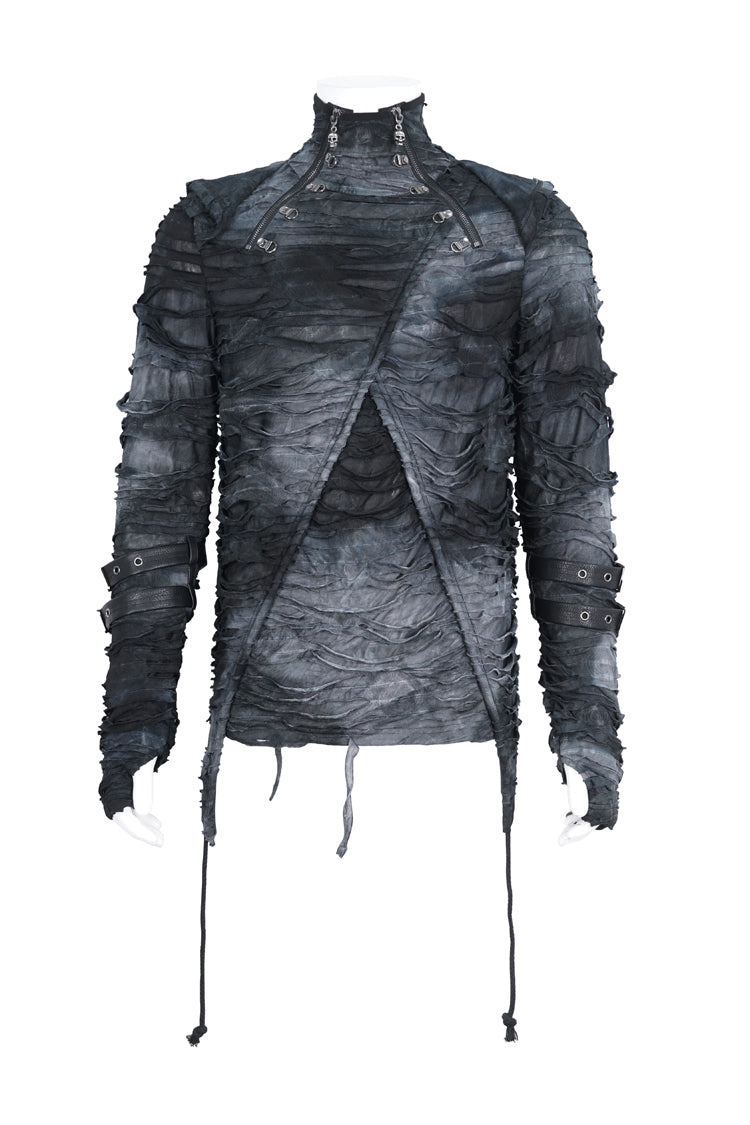 Black High Collar Long Sleeves Print Ripped Punk Hoodies T-shirt