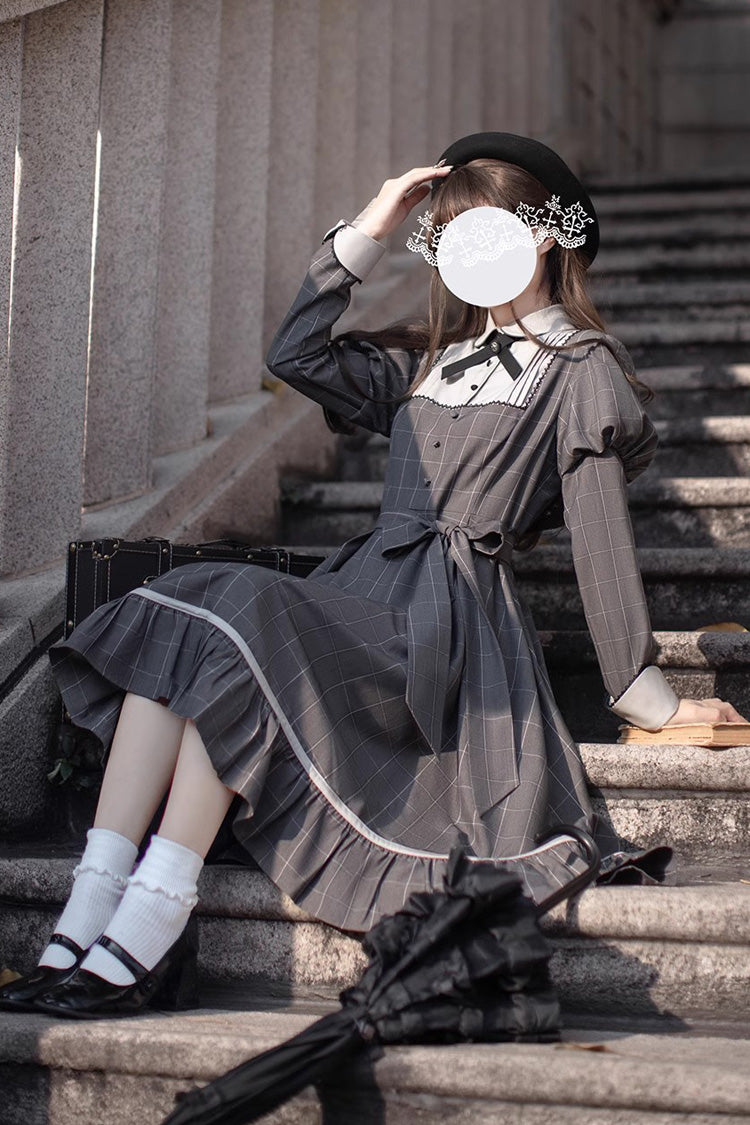 Grey Plaid Print Ruffle Bowknot Classic College Style Lolita Dress
