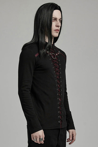 Black/red Long Sleeves Stitching Lace-up Ripped Punk Blouse