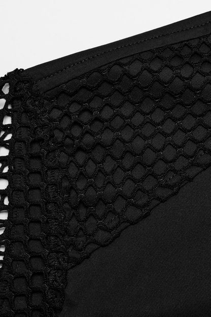 Black Lapel Collar Short Sleeves Mesh Stitching Punk Blouse
