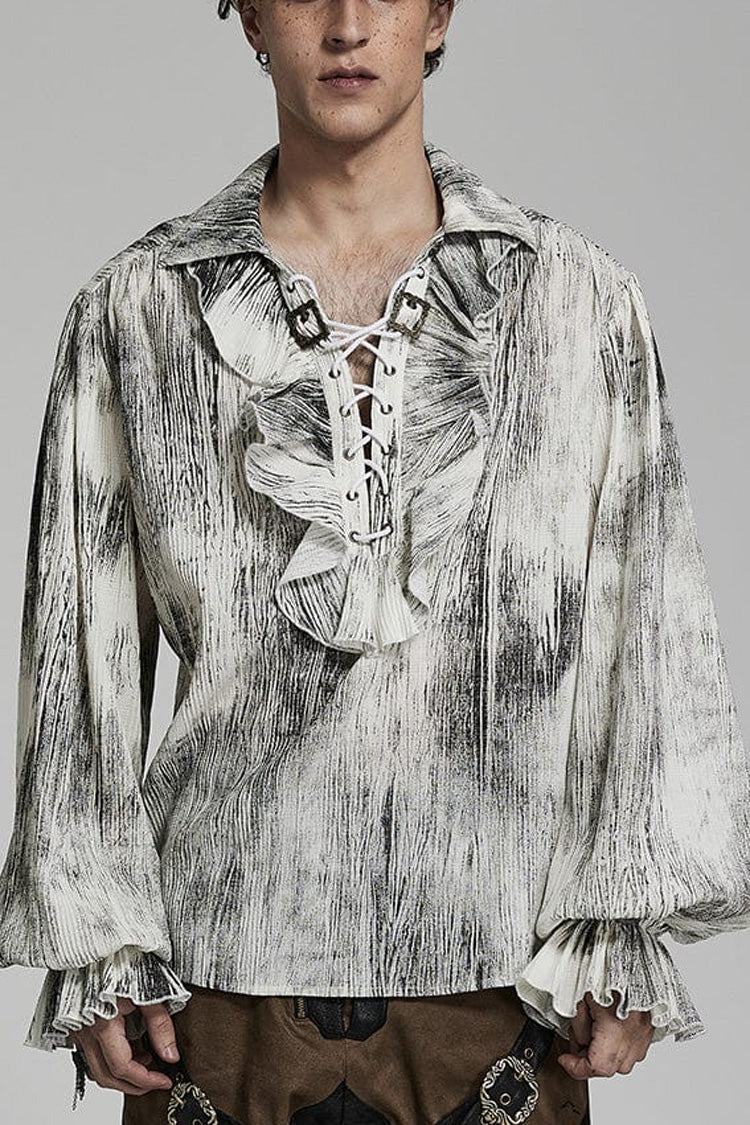 Jacquard V Collar Lantern Sleeves Print Ruffle Gothic Blouse 2 Colors